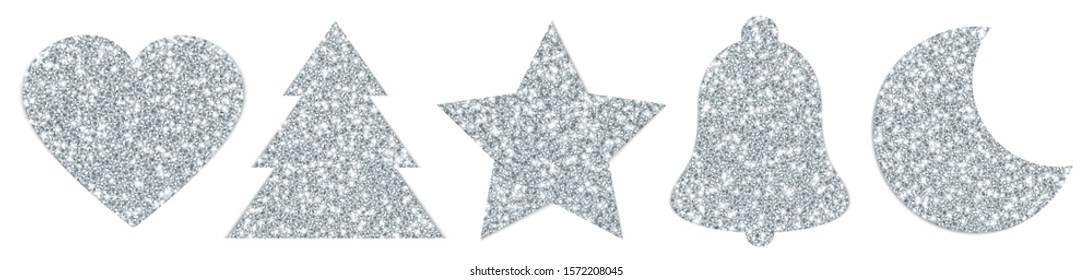 Collection Of Five Silver Christmas Symbols Sparkling