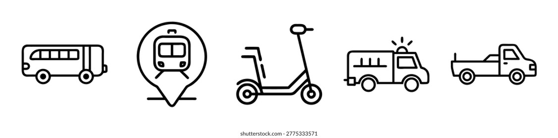 A collection of five simple black line icons on a white background, featuring a bus, a train inside a location marker, a scooter, an ambulance with lights, and a pickup truck