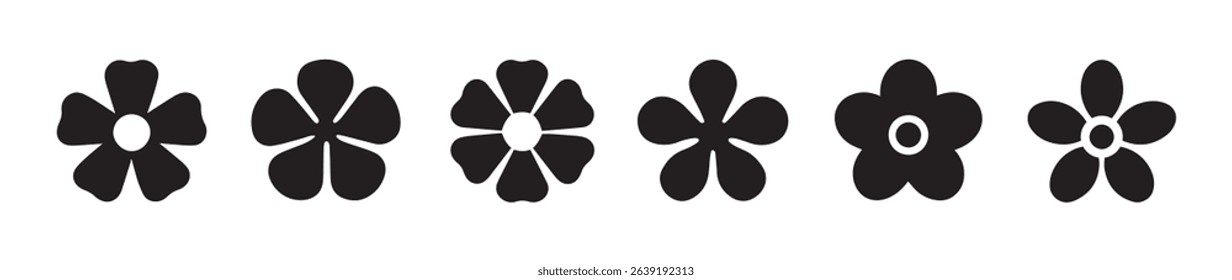 A collection of five simple, black silhouette flower icons.	

