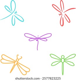 Collection of five simple drawings of dragonfly in different colors as symbol of health. 