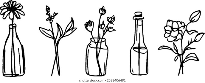 A collection of five simple line drawings featuring various flowers in different types of bottles. Each illustration showcases a unique flower arrangement, emphasizing a minimalist style.