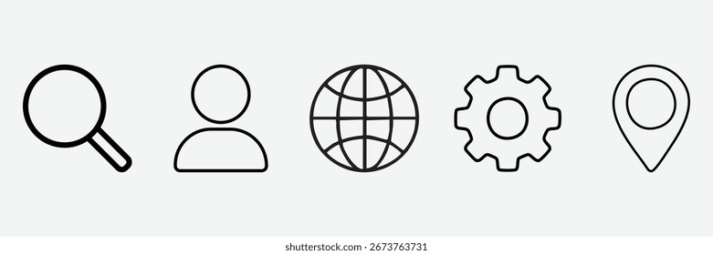 Coleção de Cinco Ícones de Estrutura de Tópicos Simples que Representam a Localização e as Configurações do Globo do Usuário de Pesquisa