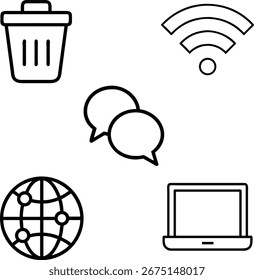 Coleção de cinco ícones simples que representam a silhueta da tecnologia e da comunicação