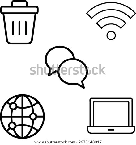 Collection of five simple outline icons representing technology and communication silhouette