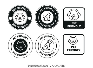 A collection of five square black and white icons featuring pet paw prints and checkmarks displaying a pet friendly message silhouette high quality.