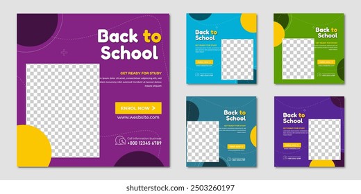 Collection Five study abroad education backgrounds back to school square flyer poster school admission templates social media pack banner design templates set