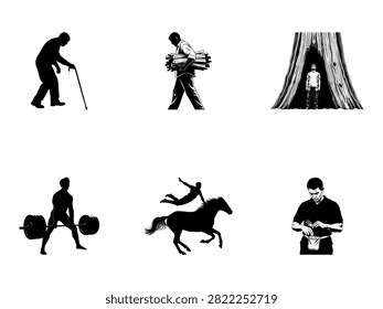 A collection of five stylized black and white silhouettes depicting various labor and effort-related activities. The images include a person using a cane, carrying a heavy load, working inside a tree hollow, lifting weights, riding a horse, and performing a task while seated. These illustrations emphasize themes of hard work, determination, and physical effort in a simple, clear, and visually striking manner. Perfect for use in articles, presentations, or projects about labor, history, or effort.