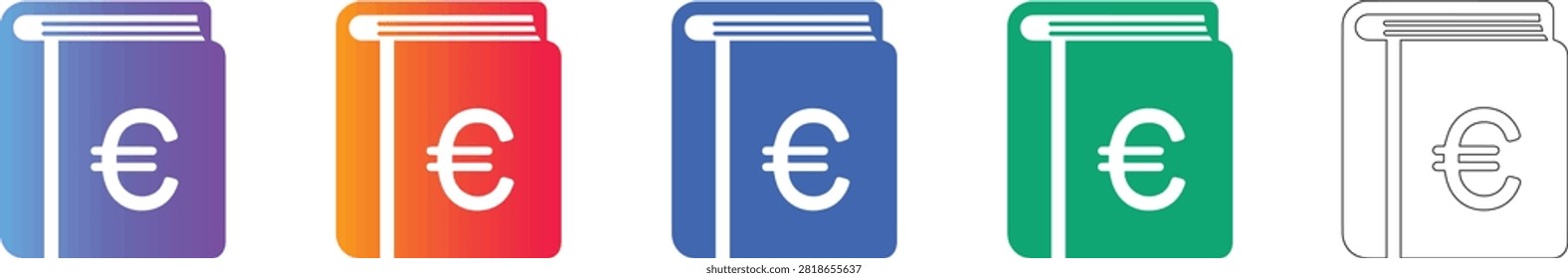A collection of five stylized book icons representing the Euro currency, presented in vibrant gradients and a clean line art style. These icons are perfect for financial education, banking apps, and economic literature materials.