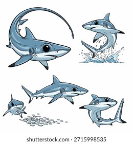 A collection of five stylized, cartoonish sharks in various poses, including swimming, leaping from the water, and swimming in a school.