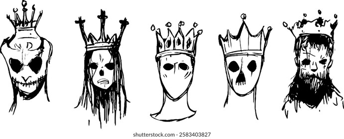 A collection of five stylized, eerie crown-wearing heads, each with unique features. The designs include skull-like faces, ghostly appearances, and various crown styles, creating a dark, artistic vibe