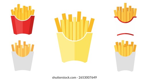 Uma coleção de cinco ilustrações estilizadas e planas de batatas fritas em vários recipientes de papel. As batatas fritas são representadas em tons de amarelo e laranja, com recipientes em vermelho, amarelo e cinza.