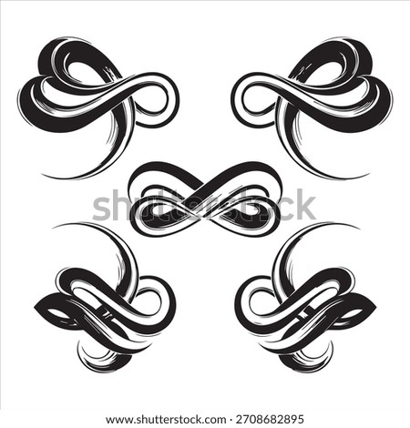 A collection of five stylized infinity symbols with a brushstroke effect, arranged in a symmetrical pattern against a white background.