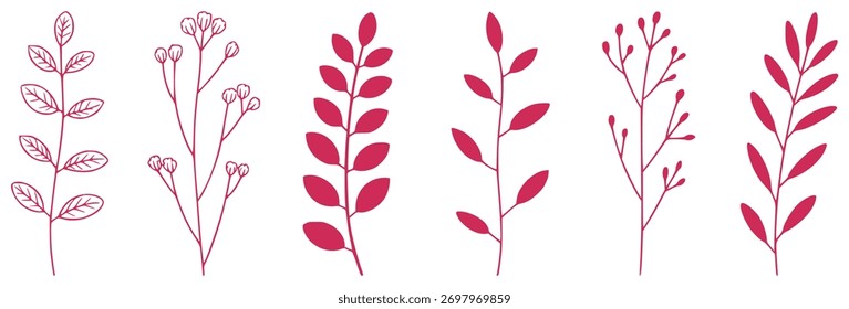 Eine Sammlung von fünf stilisierten rosa botanischen Frühlings mit Blättern und Knospen auf weißem Hintergrund.