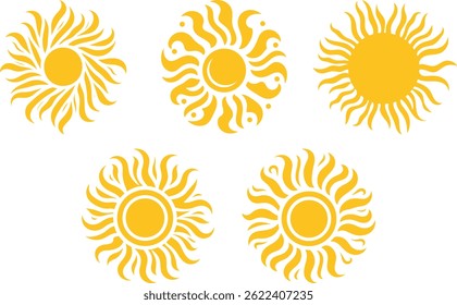Uma coleção de cinco símbolos estilizados do sol, renderizados em uma cor amarela rica e quente contra um plano de fundo branco. EPS-10.