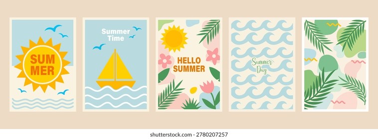 Collection of five summer themed posters featuring sun sailboat tropical leaves collection sailboat tropical botanical illustration vacation greeting celebration