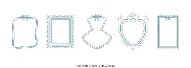 A collection of five teal, hand-drawn sketch-style picture frames with ribbon bows, isolated on a white background.