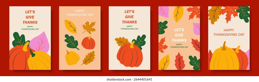 Collection of five Thanksgiving Day greeting cards with pumpkins and fall leaves, seasonal design for celebration. Vector.