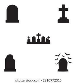 Collection of five tombstone silhouettes in pure black vector style featuring cemetery grave markers. Perfect for Halloween decorations and commercial graphics.
