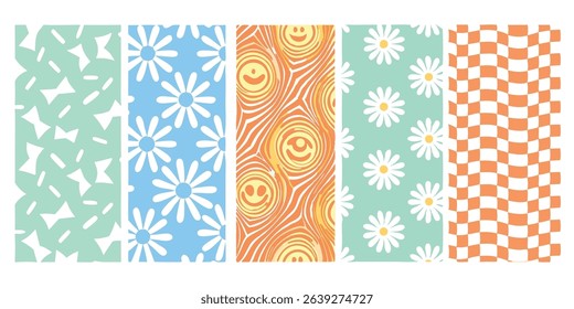 A collection of five trendy and colorful seamless patterns featuring daisies smiley faces and cheerful geometric shapes