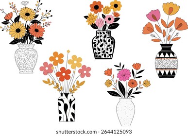 Uma coleção de cinco arranjos florais exclusivos exibidos em vasos elegantes, apresentando uma variedade de tipos de flores e projetos de vasos.
