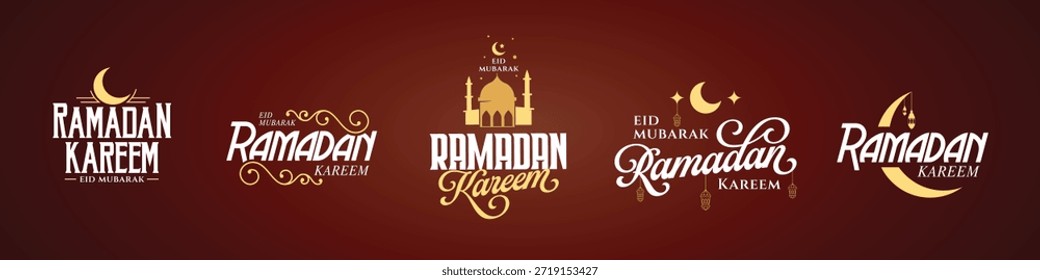 Colección de cinco logotipos únicos de Ramadán Kareem Mubarak con varios símbolos islámicos.