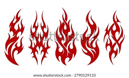 Collection of five unique tribal style flame shapes and fire motifs in vibrant red isolated on white background