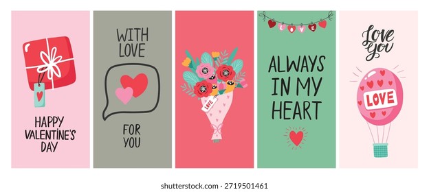 Una colección de cinco tarjetas de San Valentín con varios diseños y mensajes románticos