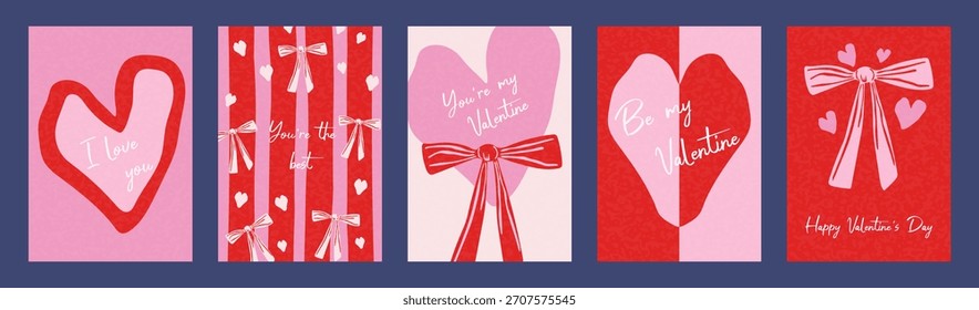 Eine Sammlung von fünf Valentinstag-Grußkartendesigns mit Herzen, Bögen und Text. Konzept der Liebe und Romantik. Vektor.