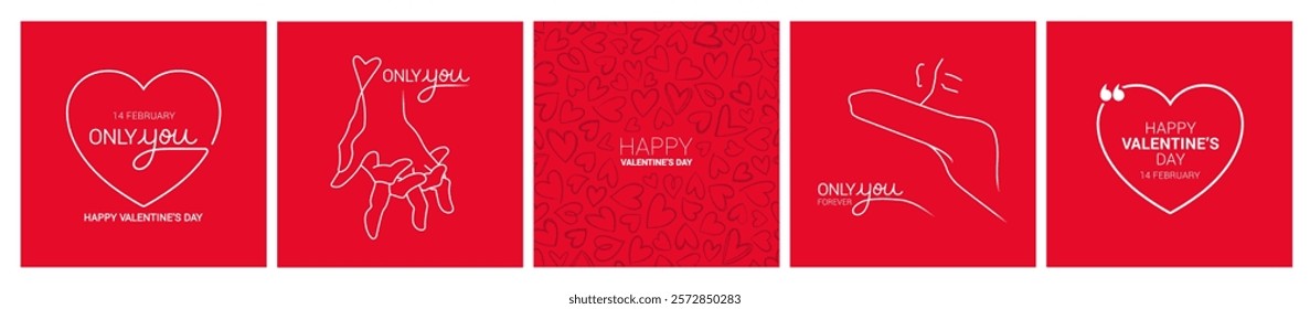 Collection of Five Valentine's Day Red Social Templates. Full Vector Illustration with Thin Lines Style.