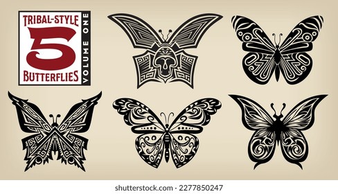 A collection of five varied styles of graphic butterfly vectors, constructed of ornate embellishments and stylized patterns.