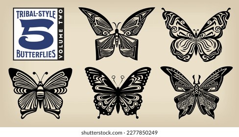 A collection of five varied styles of graphic butterfly vectors, constructed of ornate embellishments and stylized patterns.