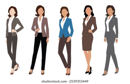 Una colección de cinco Ilustraciones vectoriales de mujeres empresarias con diferentes atuendos profesionales.