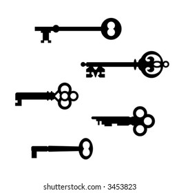 A collection of five vector silhouettes of antique skeleton keys, created from the actual keys.