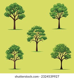 A Collection of Five Vector Spring Trees Isolated on a Light Green Background