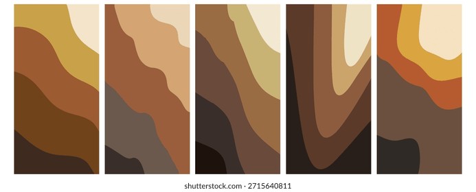 A collection of five vertical abstract backgrounds featuring wavy, organic layers in various shades of brown, beige, and orange, evoking natural earth tones and fluid movement.