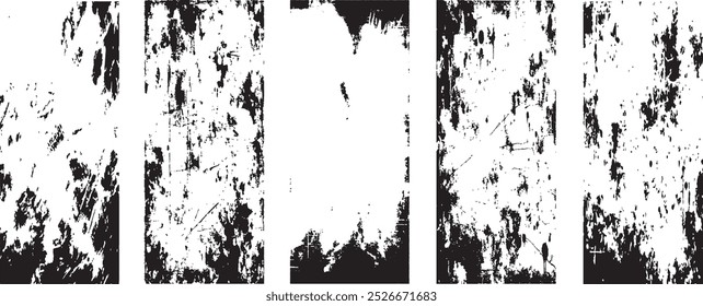 collection of five vertical black and white grunge textures. Each texture features a unique pattern of stains, scratches, and wear on a white background, perfect for creating vintage or design