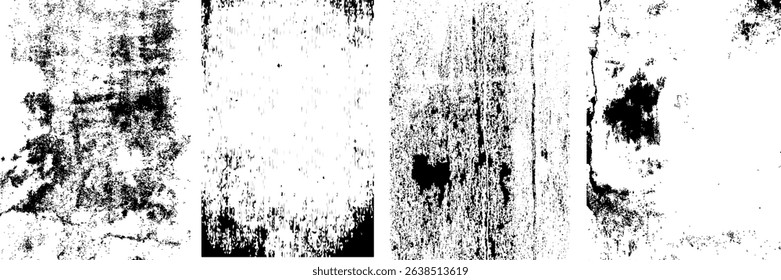 collection of five vertical black and white grunge textures. Each texture features a unique pattern of stains, scratches, and wear on a white background.