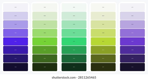 A collection of five vertical color swatches displaying gradients of purple violet lime green mint and olive shades from light to dark tones