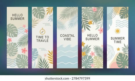 Collection of five vertical summer travel banners with tropical palm leaves and coastal vacation theme illustrations