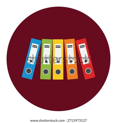 A collection of five vibrant flatdesign ring binders in blue, green, yellow, orange, and red, arranged neatly on a dark red circular background. Ideal for office organization, document management, and archiving.