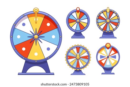 Collection Of Five Vibrant Prize Wheels In Various Designs For Game, Events And Competitions Cartoon Vector Illustration