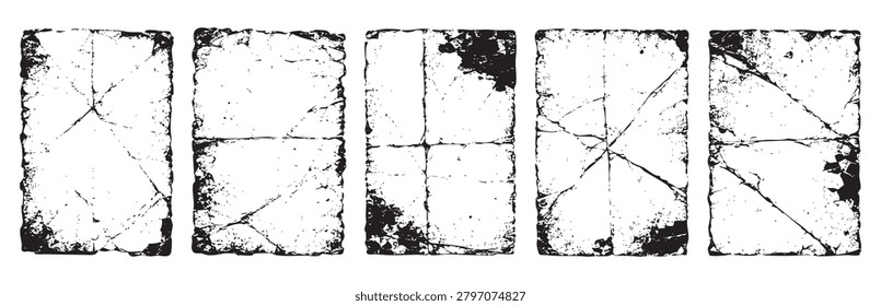 Collection of five vintage paper sheets with distressed edges, heavy texture, and various fold patterns, isolated on a clean white background.