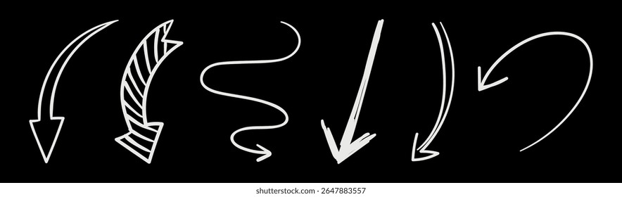 Uma coleção de cinco setas brancas em um plano de fundo preto. Cada seta tem um estilo exclusivo, com curvas, ziguezags e linhas retas. Setas desenhadas à mão. Conjunto de elementos de vetor isolado.