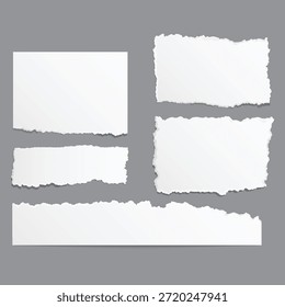 Collection of five white paper scraps featuring authentically rendered rough torn edges are creatively arranged upon a solid gray background suitable for various collage or design layout applications demanding a distressed or handwritten aesthetic element.