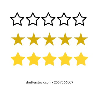 A collection of five yellow and black star symbols, perfect for ratings, reviews, and design projects. Vector illustration.
