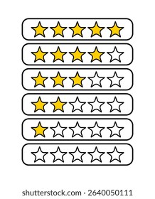 A collection of five-star rating bars, showing increments from zero to five filled yellow stars on a white background, ideal for reviews and feedback.