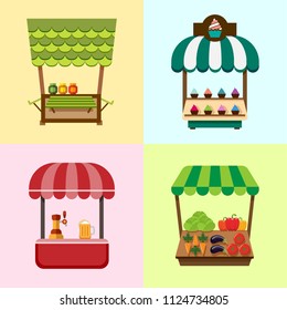 Collection of fixed stalls for external usage. Set of stylized illustrations of promo stands, food stalls, kiosks, market stalls and various promotional and sales objects.