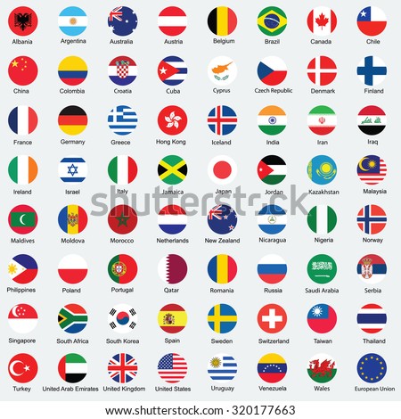 Collection of flag button design. Circle flags of the world.
