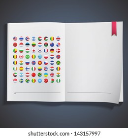 Collection of flag button printed on white book. Vector design.