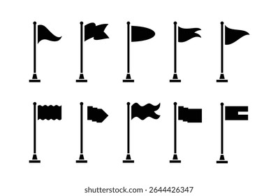 Collection of flag and pennant icons with poles for start, end, banner, location, pin destination map pictograms. part 1